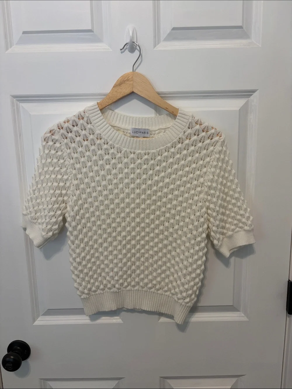 Lucy Paris Cream Short-Sleeve Honeycomb Knit Sweater